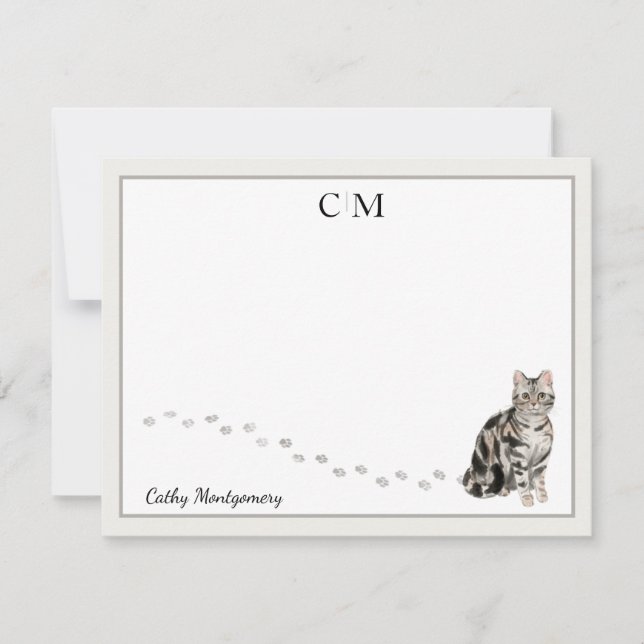American Short Hair Cat Grey Frame Monogram  Name Card (Front)