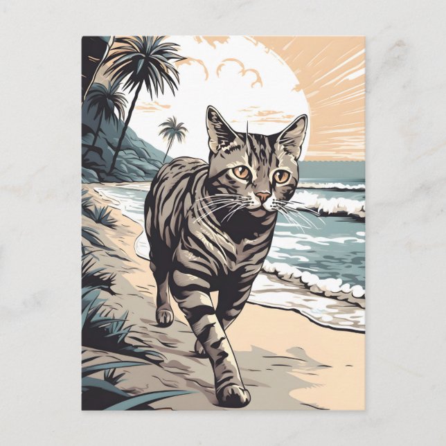 American-Shorthair-Cat at a tropical beach Postcard (Front)