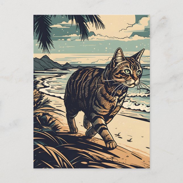 American-Shorthair-Cat at a tropical beach  Postcard (Front)