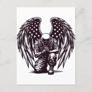 American Soldier Angel Praying USA Flag Art Postcard