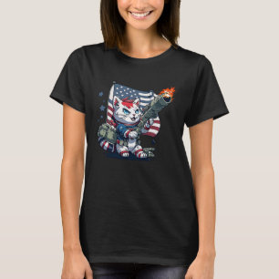 American Soldier Cat Cats Rocket Launcher USA Flag T-Shirt