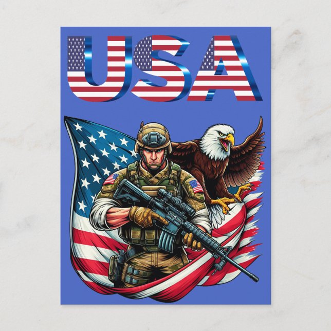 American Soldier Eagle USA Flag Patriotic Art Postcard (Front)
