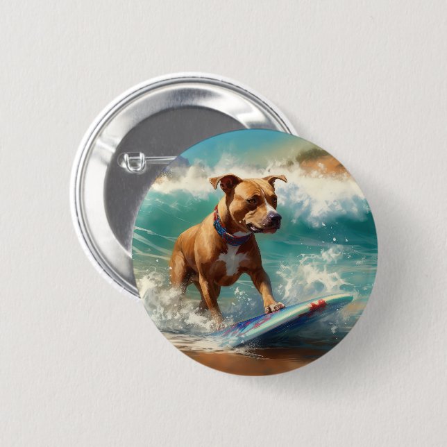 American Staffordshire Beach Surfing Painting  2 Inch Round Button (Front & Back)