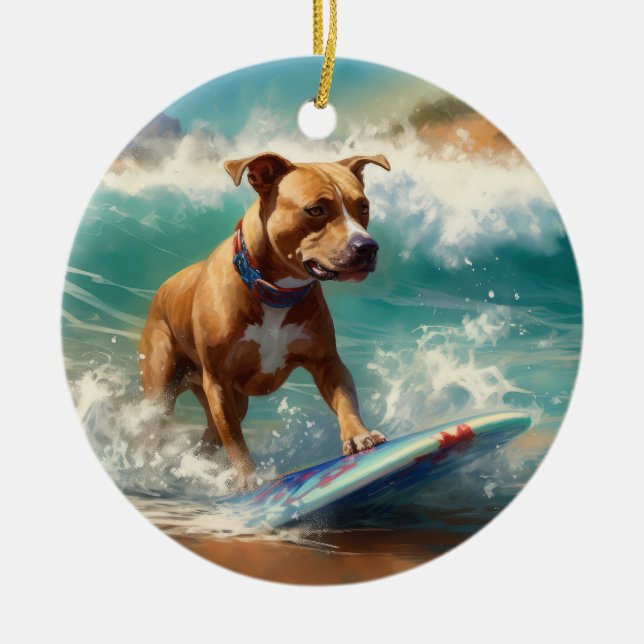 American Staffordshire Beach Surfing Painting  Ceramic Ornament (Front)
