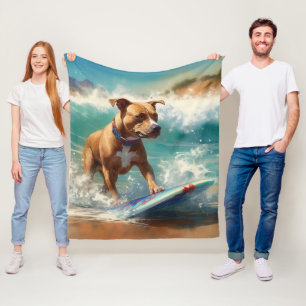 American Staffordshire Beach Surfing Painting  Fleece Blanket