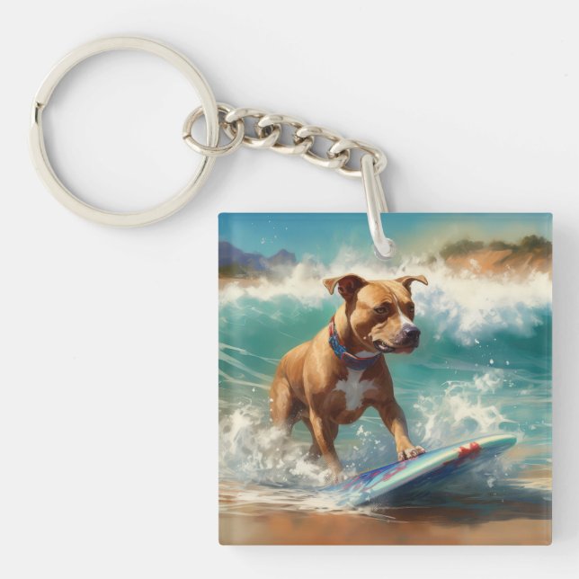 American Staffordshire Beach Surfing Painting  Keychain (Front)