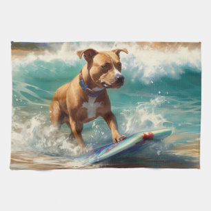 American Staffordshire Beach Surfing Painting  Kitchen Towel