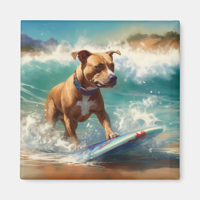 American Staffordshire Beach Surfing Painting  Magnet (Front)
