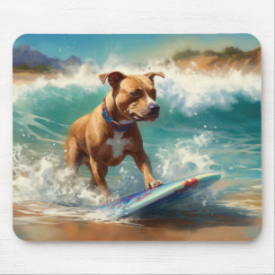American Staffordshire Beach Surfing Painting  Mouse Pad