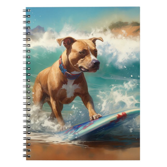 American Staffordshire Beach Surfing Painting  Notebook (Front)
