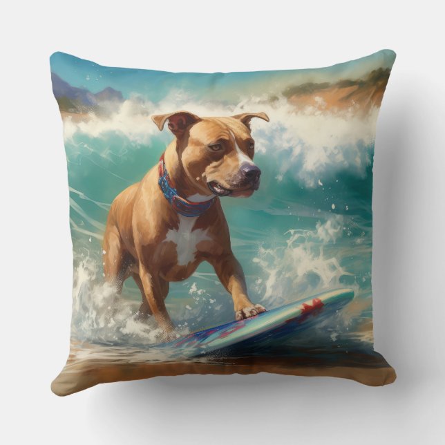 American Staffordshire Beach Surfing Painting  Throw Pillow (Back)