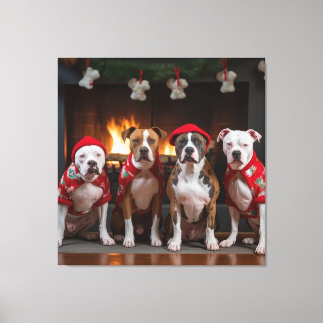 American Staffordshire by the Fireplace Christmas Canvas Print (Front)