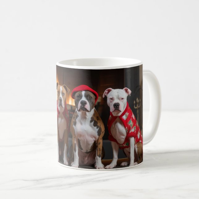 American Staffordshire by the Fireplace Christmas Coffee Mug (Front Right)