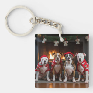 American Staffordshire by the Fireplace Christmas Keychain