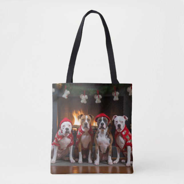 American Staffordshire by the Fireplace Christmas Tote Bag (Front)