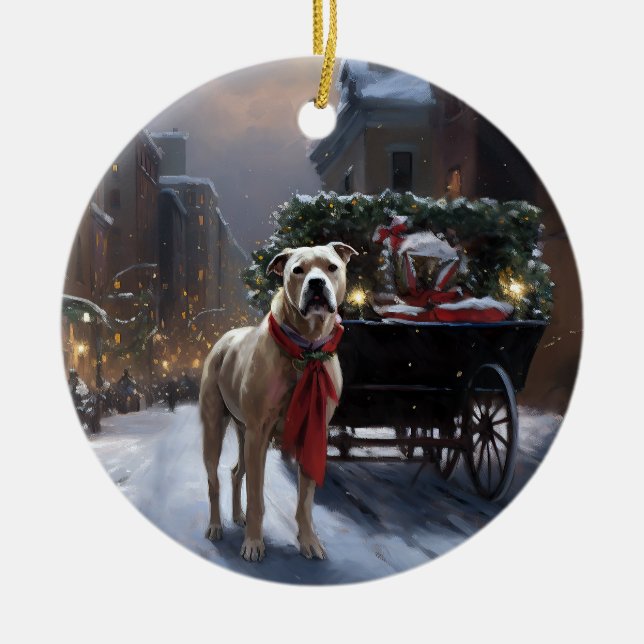 American Staffordshire Christmas Festive Season Ceramic Ornament (Front)