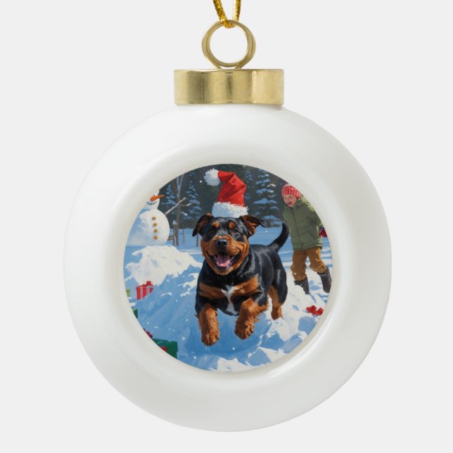 American Staffordshire Christmas Festive Snow  Ceramic Ball Christmas Ornament (Front)