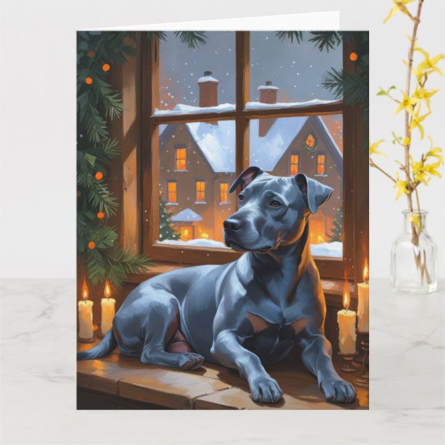 American Staffordshire Christmas Lights Holiday Card (Yellow Flower)