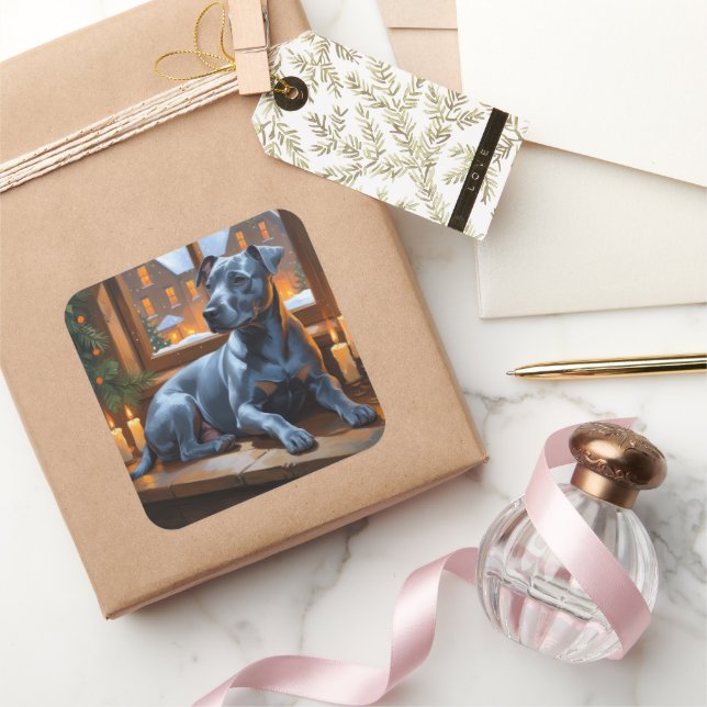 American Staffordshire Christmas Lights Holiday Square Sticker (Gifting)