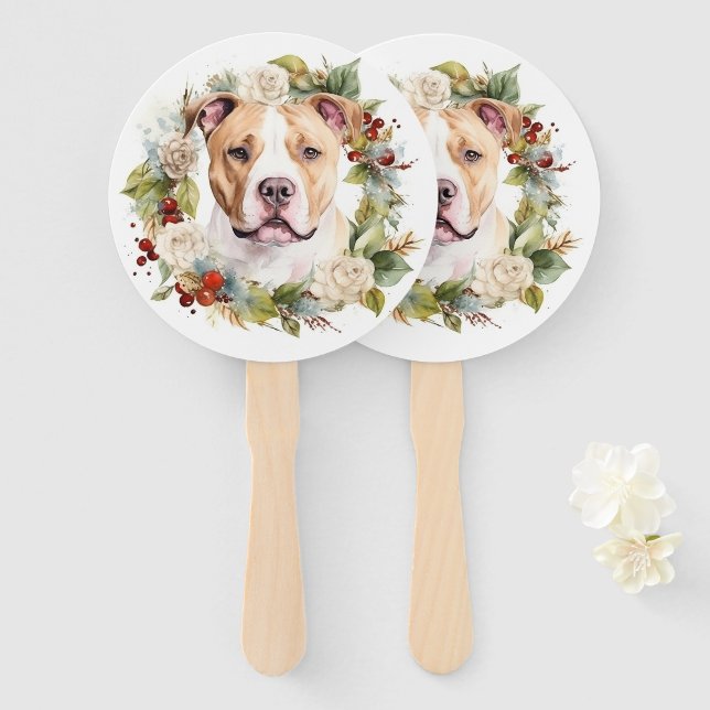 American Staffordshire Christmas Wreath Festive Hand Fan (Front and Back)