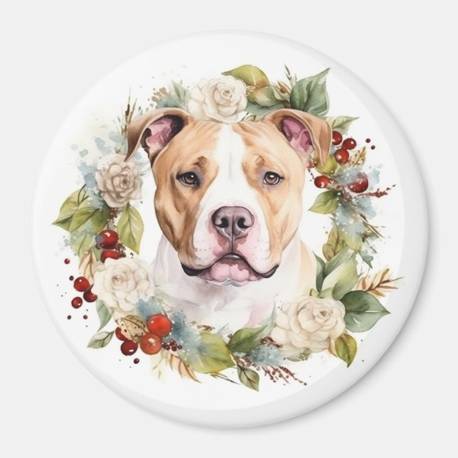 American Staffordshire Christmas Wreath Festive Magnet (Front)