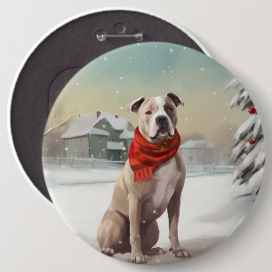 American Staffordshire Dog in Snow Christmas 6 Inch Round Button
