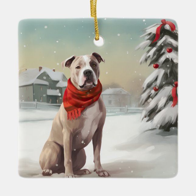 American Staffordshire Dog in Snow Christmas  Ceramic Ornament (Front)