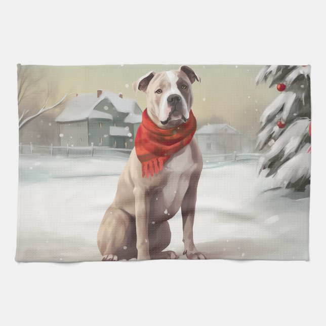 American Staffordshire Dog in Snow Christmas  Kitchen Towel (Horizontal)