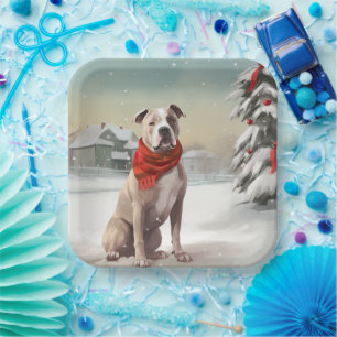 American Staffordshire Dog in Snow Christmas  Paper Plate