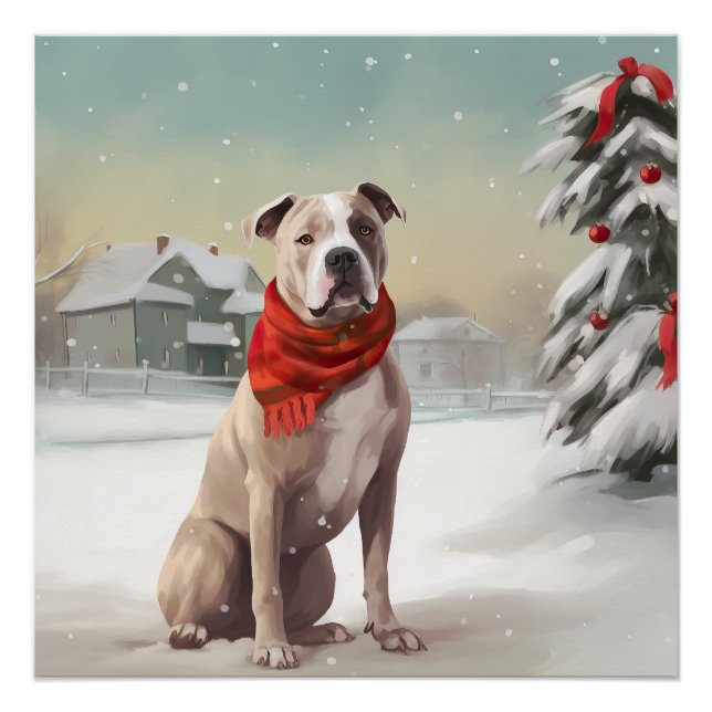 American Staffordshire Dog in Snow Christmas  Poster (Front)