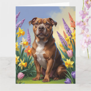 American Staffordshire Dog Spring Flowers Painting Card