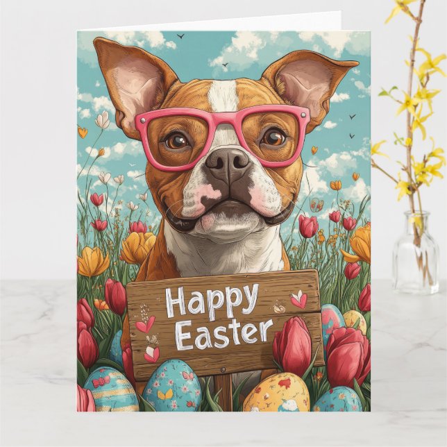 American Staffordshire Easter Eggs Card (Yellow Flower)