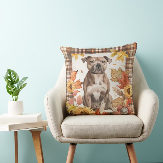 American Staffordshire Fall Watercolor Flowers Throw Pillow (Chair)