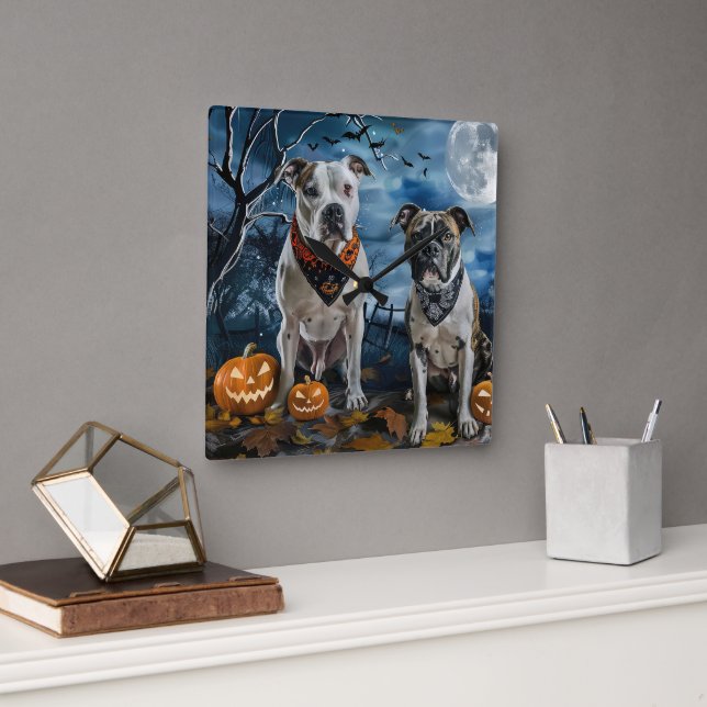American Staffordshire Halloween Spooky  Square Wall Clock (Office)
