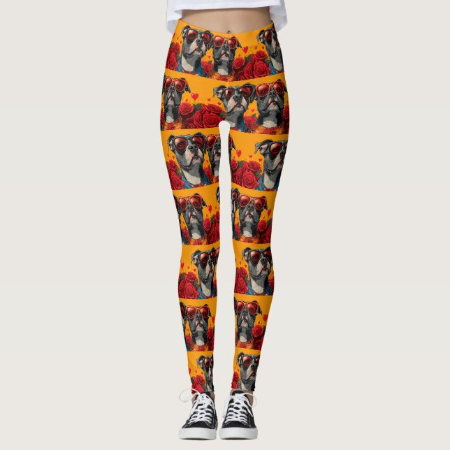 American Staffordshire Heart Roses Valentine's Day Leggings (Front)