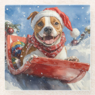 American Staffordshire in Sledge Christmas Glass Coaster