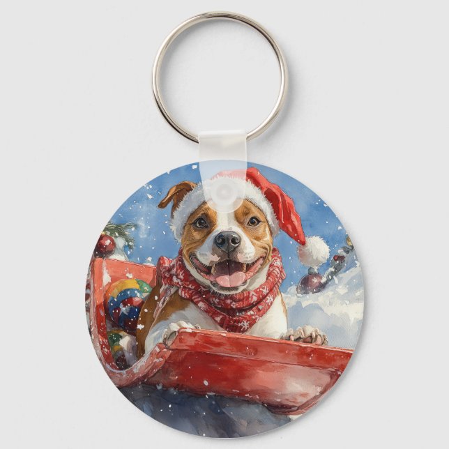American Staffordshire in Sledge Christmas Keychain (Front)