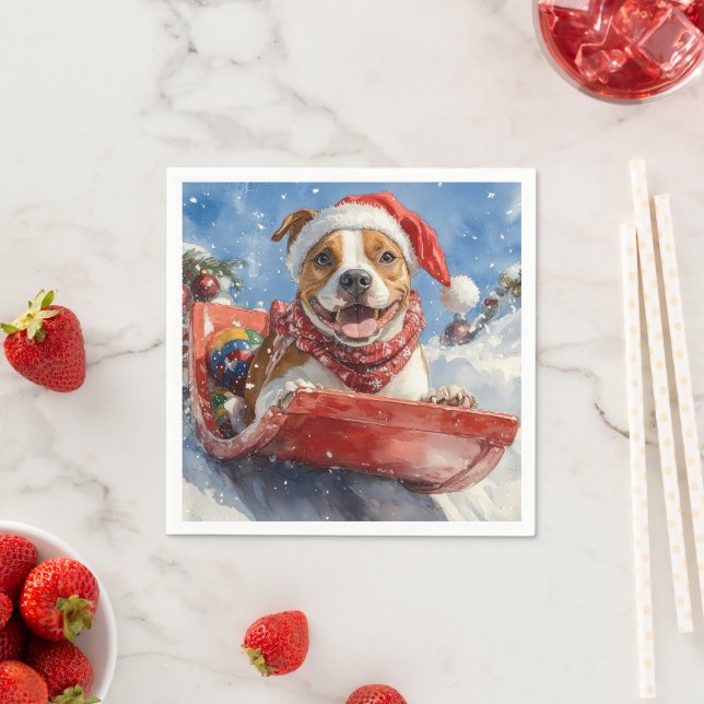 American Staffordshire in Sledge Christmas Napkin (Insitu)