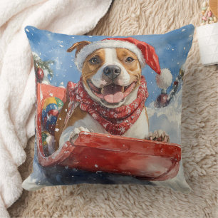 American Staffordshire in Sledge Christmas Throw Pillow