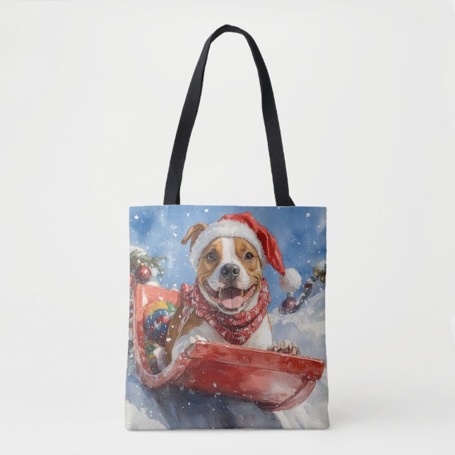 American Staffordshire in Sledge Christmas Tote Bag (Front)