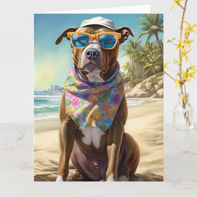 American Staffordshire on Beach,summer gift Card (Yellow Flower)