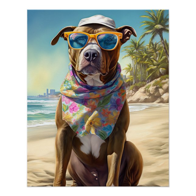 American Staffordshire on Beach,summer gift Poster (Front)