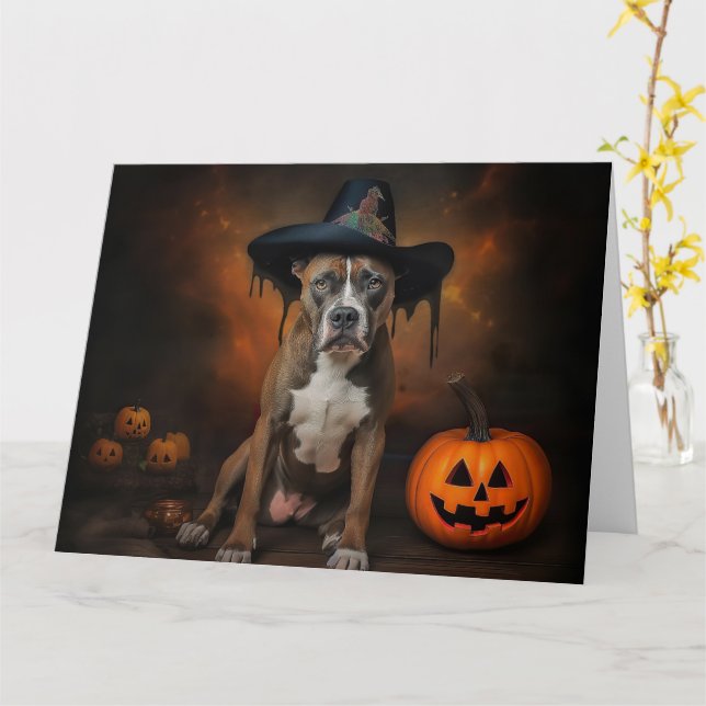American Staffordshire Pumpkins Halloween Scary Card (Yellow Flower)