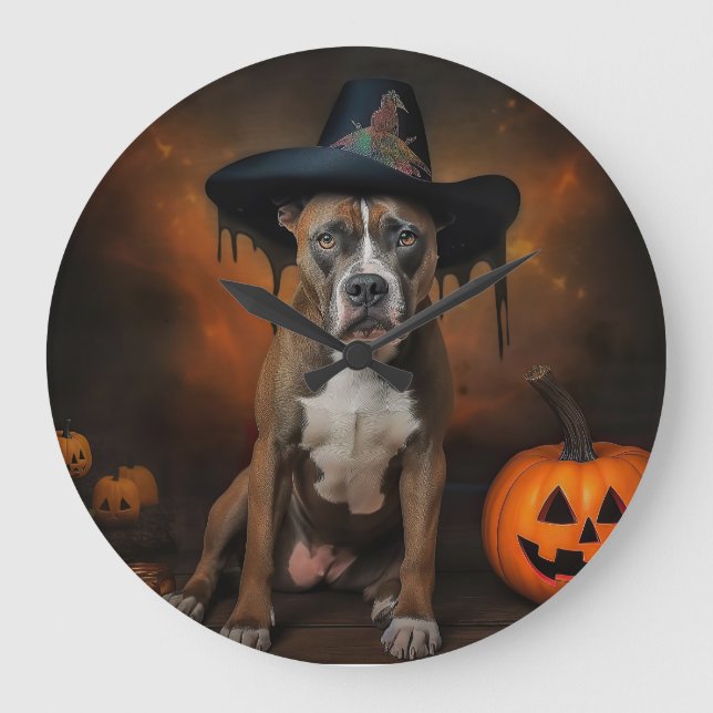 American Staffordshire Pumpkins Halloween Scary Large Clock (Front)