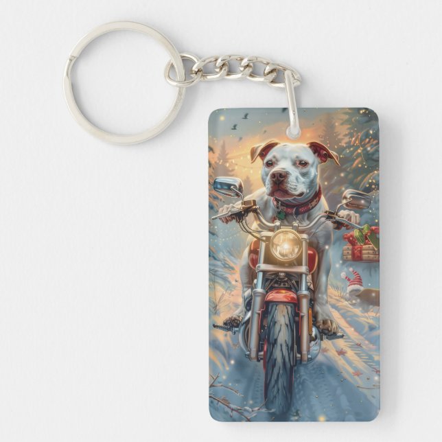American Staffordshire Riding Motorcycle Christmas Keychain (Front)