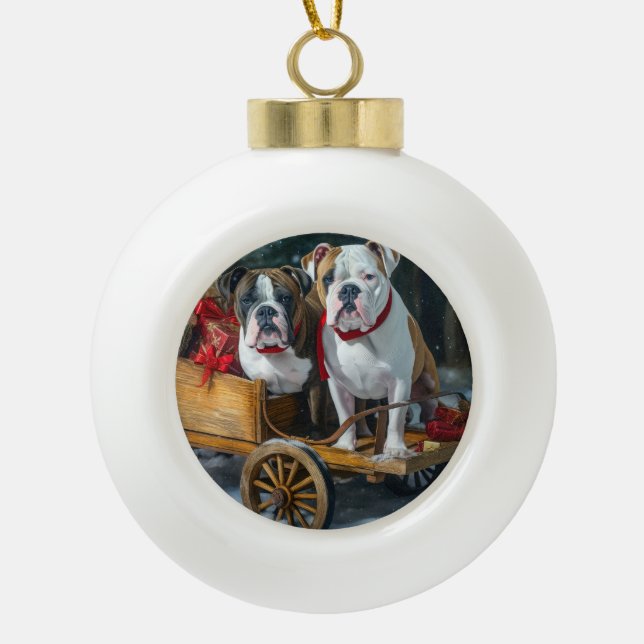 American Staffordshire Snowy Sleigh Christmas  Ceramic Ball Christmas Ornament (Front)