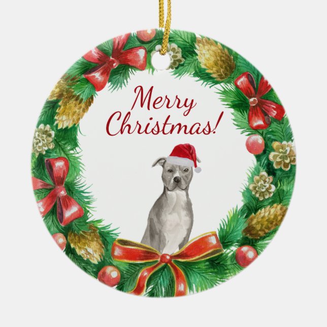 American staffordshire terrier Dog Merry christmas Ceramic Ornament (Front)