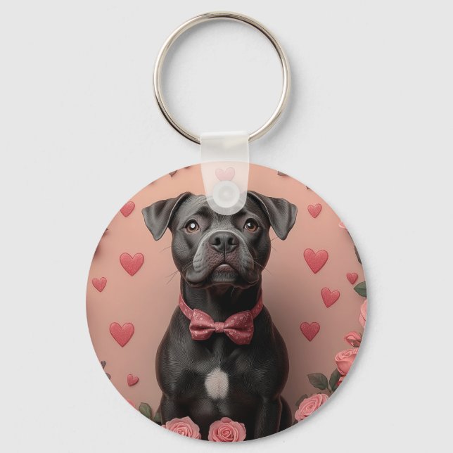 American Staffordshire with Roses -Valentine's Day Keychain (Front)
