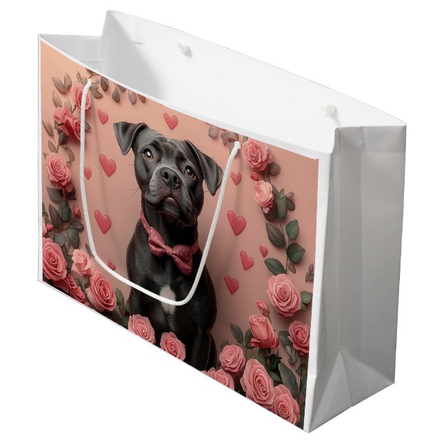 American Staffordshire with Roses -Valentine's Day Large Gift Bag (Front Angled)