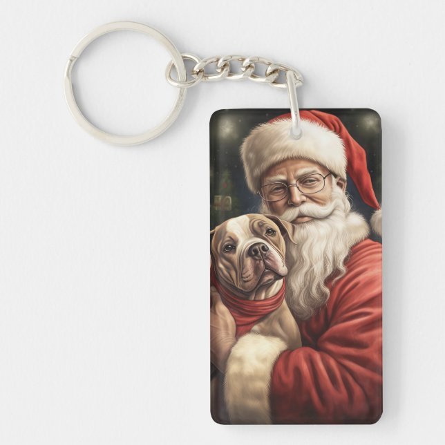 American Staffordshire with Santa Claus Christmas Keychain (Front)